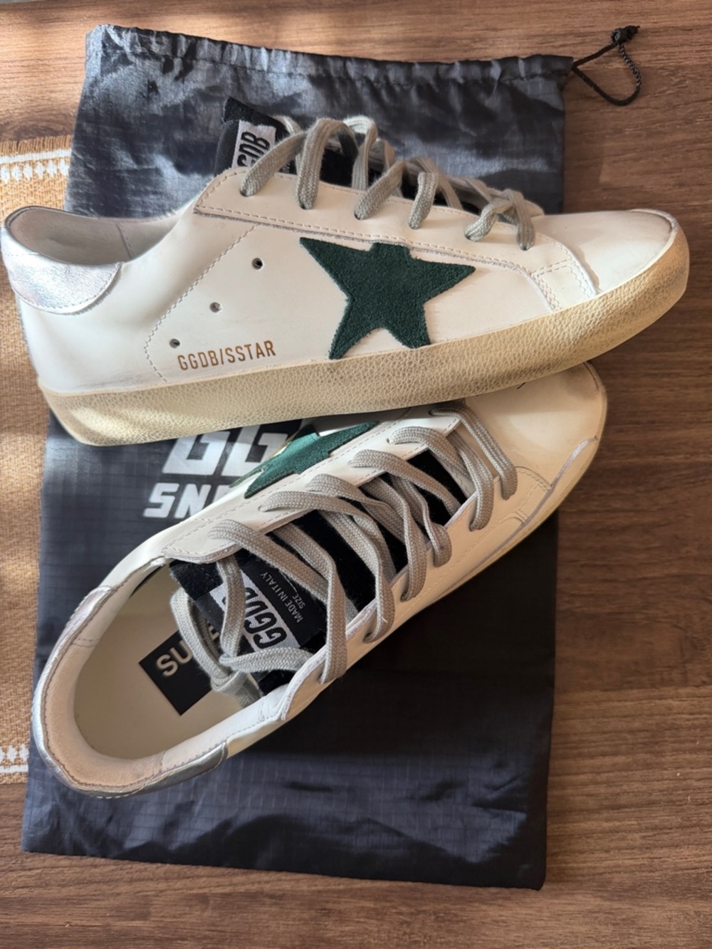 Golden Goose White Leather Low-Top Sneakers with Green Star